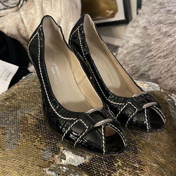 D564004 AGL attilo giusti leombruni Italian patent  leather peep toe heels black - Picture 1 of 7
